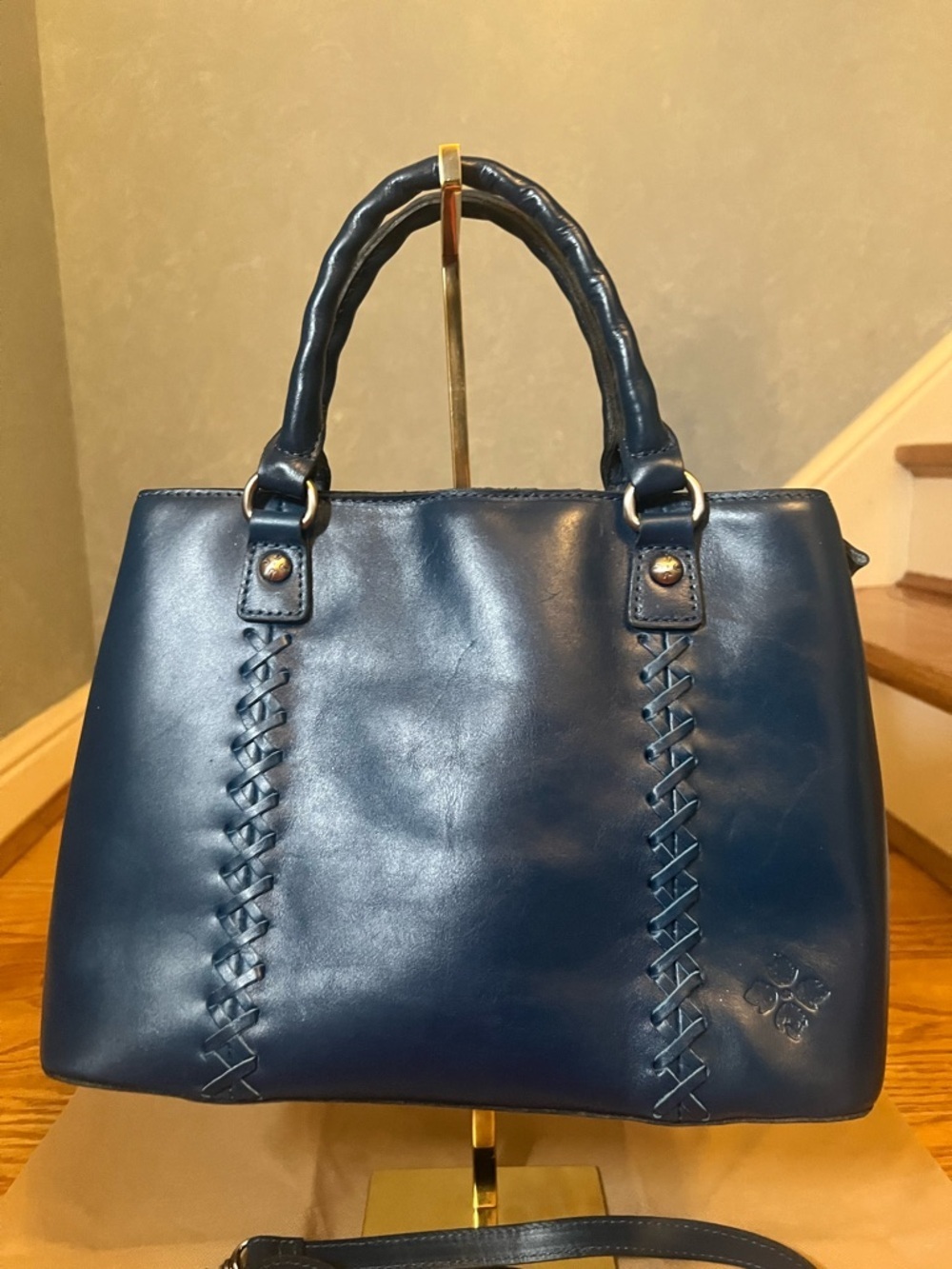 Patricia Nash Dorothy Leather Satchel Braided Trim and Crossbody Strap- Navy - Picture 2 of 6